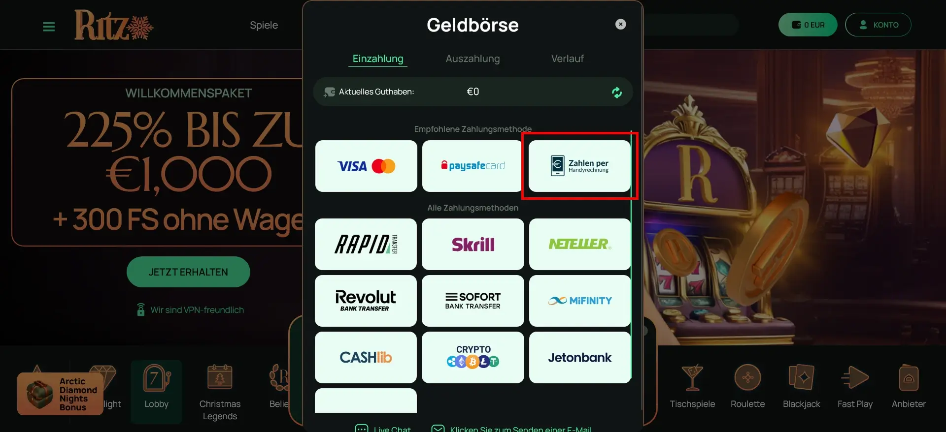 Ritzo Casino unterstützt Einzahlungen mit der Handyrechnung Ritzo Casino Zahlung per Handyrechnung