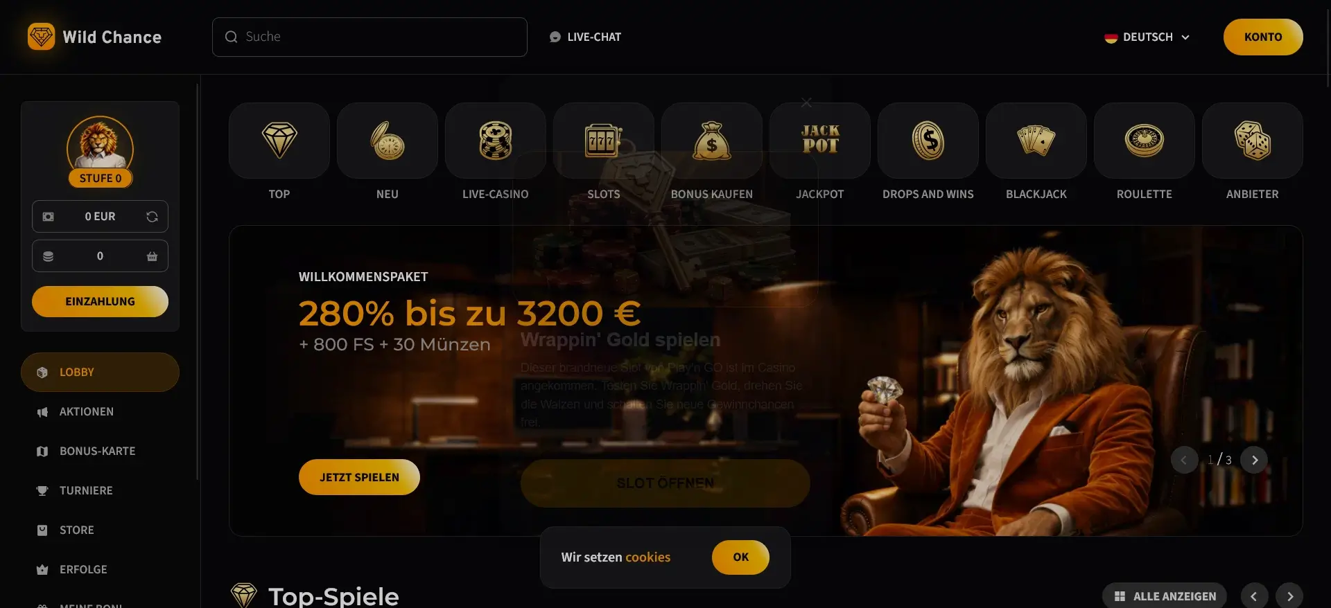 Wild Chance Casino Startseite mit Willkommenspaket und übersichtlicher Spielkategoriennavigation Wild Chance serioses Online Casino mit Willkommensbonus